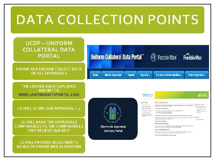 DATA COLLECTION POINTS UCDP – UNIFORM COLLATERAL DATA PORTAL FANNIE AND FREDDIE COLLECT DATA