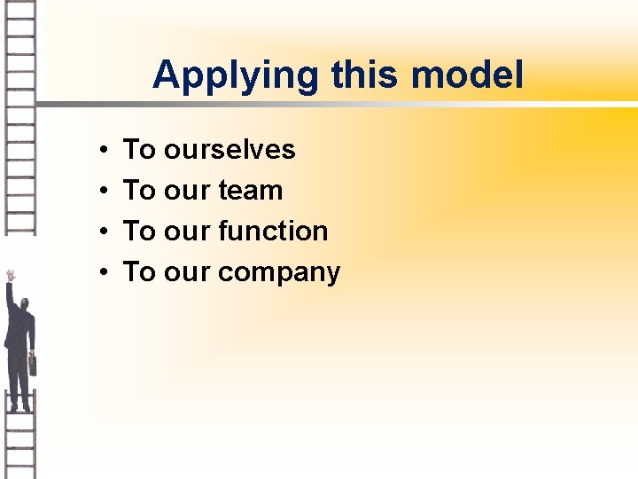 Applying this model • • To ourselves To our team To our function To