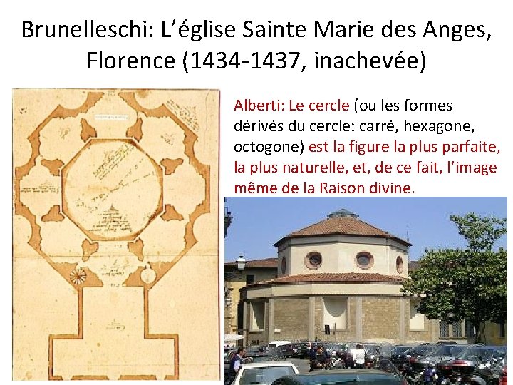 Brunelleschi: L’église Sainte Marie des Anges, Florence (1434 -1437, inachevée) Alberti: Le cercle (ou