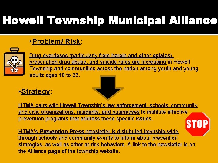 Howell Township Municipal Alliance • Problem/ Risk: Drug overdoses (particularly from heroin and other