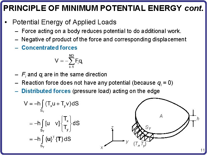 PRINCIPLE OF MINIMUM POTENTIAL ENERGY cont. • Potential Energy of Applied Loads – Force