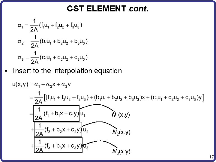 CST ELEMENT cont. • Insert to the interpolation equation N 1(x, y) N 2(x,