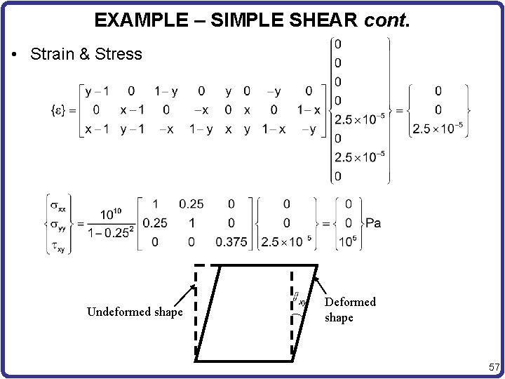 EXAMPLE – SIMPLE SHEAR cont. • Strain & Stress Undeformed shape Deformed shape 57