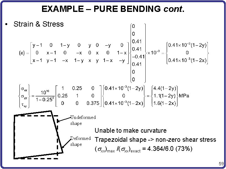 EXAMPLE – PURE BENDING cont. • Strain & Stress Undeformed shape Deformed shape Unable