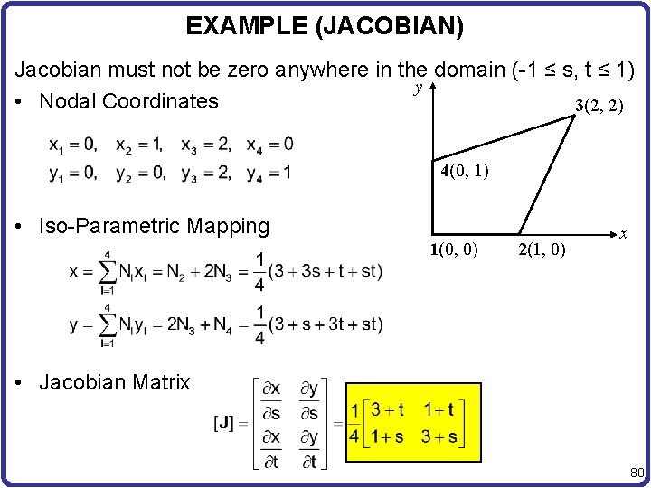EXAMPLE (JACOBIAN) Jacobian must not be zero anywhere in the domain (-1 ≤ s,