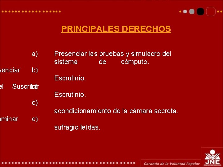 PRINCIPALES DERECHOS a) senciar el Presenciar las pruebas y simulacro del sistema de cómputo. PRINCIPALES DERECHOS a) senciar el Presenciar las pruebas y simulacro del sistema de cómputo.