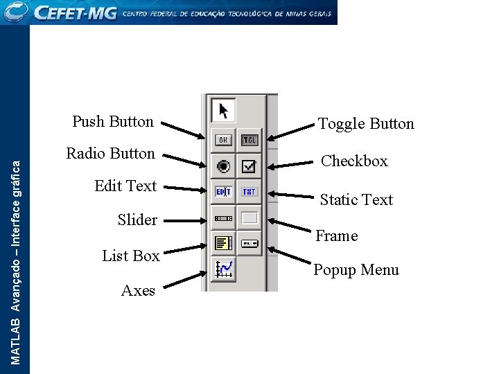 MATLAB Avançado – Interface gráfica Push Button Radio Button Edit Text Slider List Box