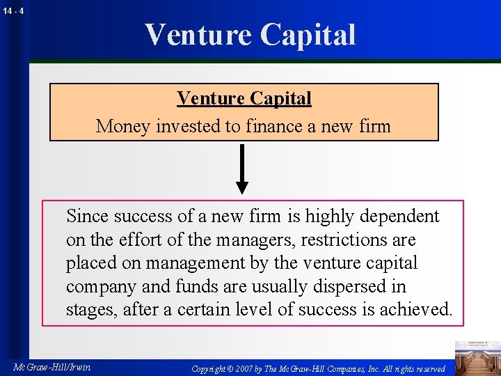 14 - 4 Venture Capital Money invested to finance a new firm Since success