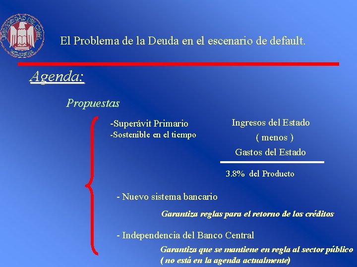 El Problema de la Deuda en el escenario de default. Agenda: Propuestas -Superávit Primario