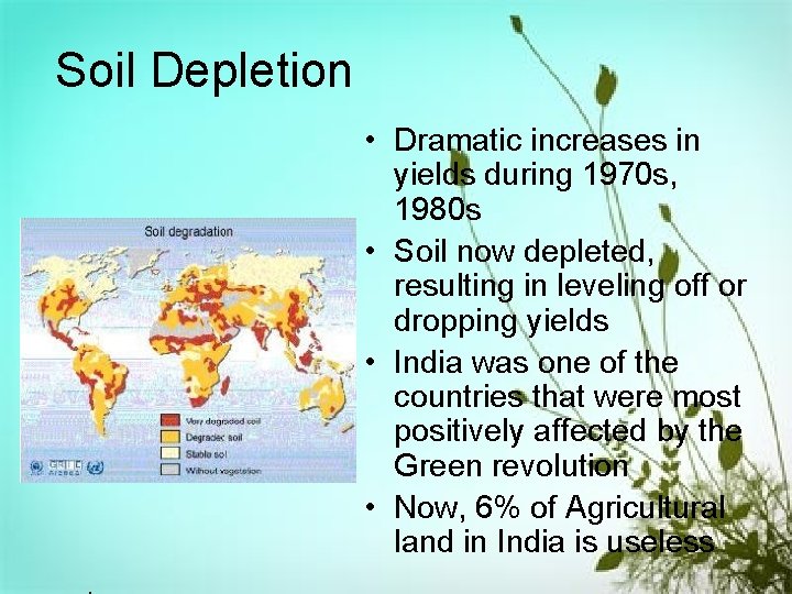 Soil Depletion • Dramatic increases in yields during 1970 s, 1980 s • Soil