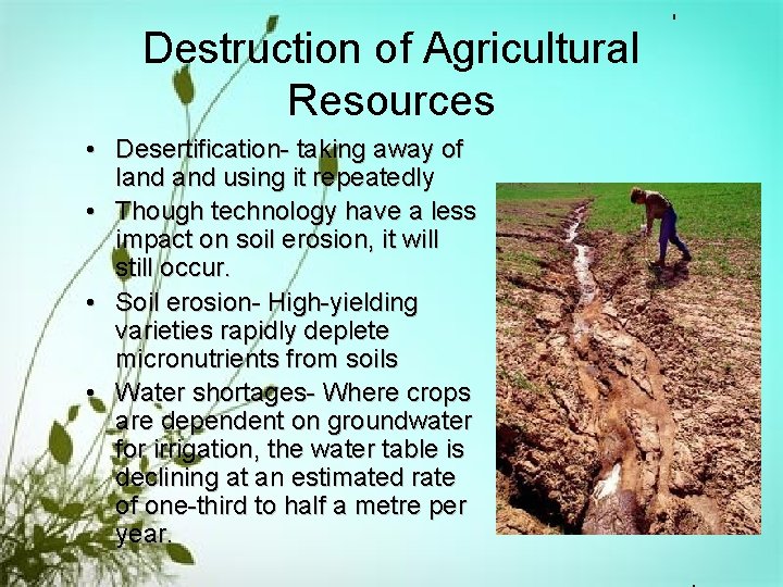 Destruction of Agricultural Resources • Desertification- taking away of land using it repeatedly •