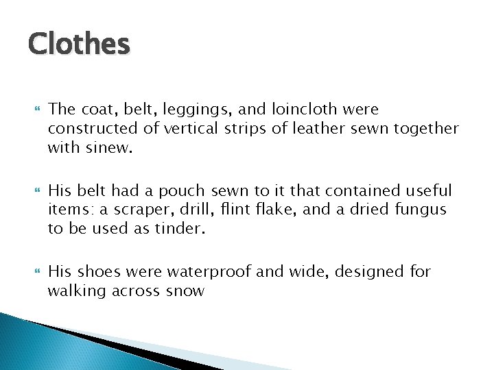 Clothes The coat, belt, leggings, and loincloth were constructed of vertical strips of leather