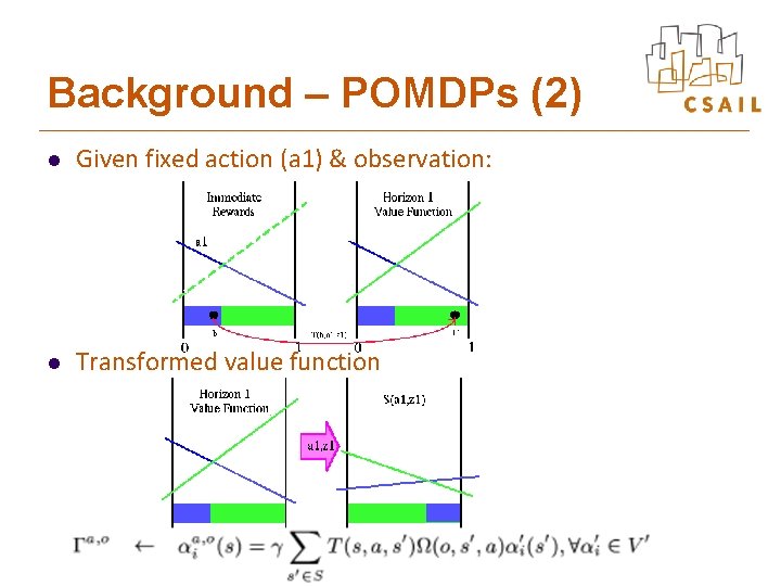 Background – POMDPs (2) l Given fixed action (a 1) & observation: l Transformed