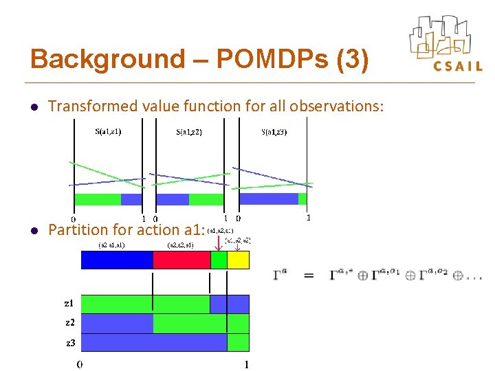Background – POMDPs (3) l Transformed value function for all observations: l Partition for