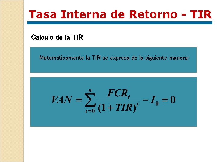 Tasa Interna de Retorno - TIR Calculo de la TIR Matemáticamente la TIR se