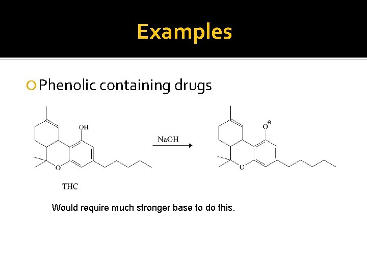 Examples Phenolic containing drugs Would require much stronger base to do this. 