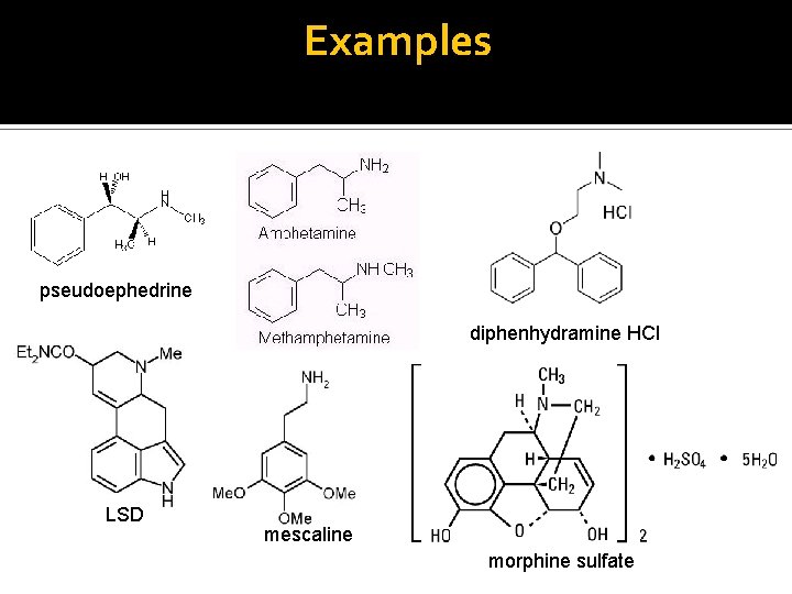 Examples pseudoephedrine diphenhydramine HCl LSD mescaline morphine sulfate 