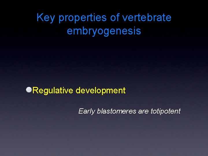 Key properties of vertebrate embryogenesis Regulative development Early blastomeres are totipotent 