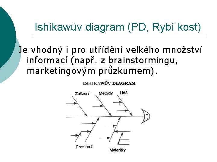 Ishikawův diagram (PD, Rybí kost) Je vhodný i pro utřídění velkého množství informací (např.