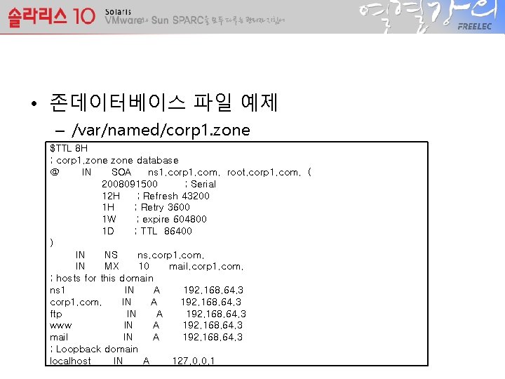  • 존데이터베이스 파일 예제 – /var/named/corp 1. zone $TTL 8 H ; corp