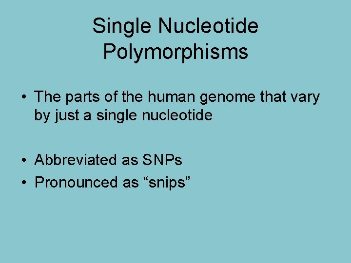 Single Nucleotide Polymorphisms • The parts of the human genome that vary by just