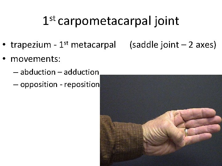 1 st carpometacarpal joint • trapezium - 1 st metacarpal • movements: – abduction