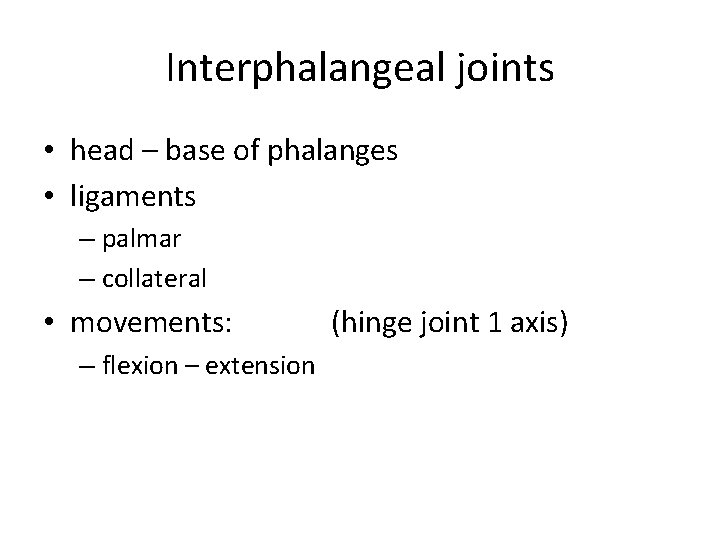 Interphalangeal joints • head – base of phalanges • ligaments – palmar – collateral