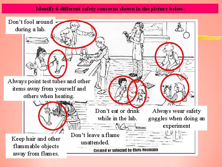 Identify 6 different safety concerns shown in the picture below. Don’t fool around during