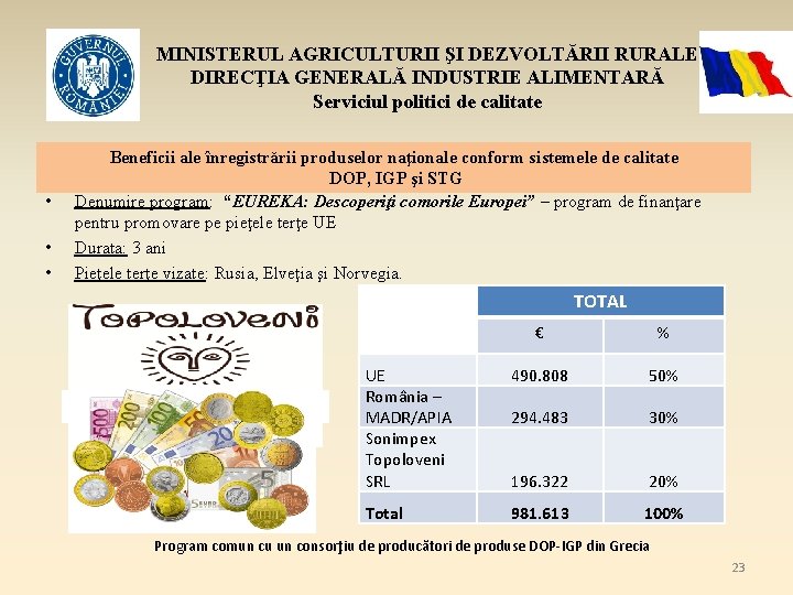 MINISTERUL AGRICULTURII ŞI DEZVOLTĂRII RURALE DIRECŢIA GENERALĂ INDUSTRIE ALIMENTARĂ Serviciul politici de calitate •