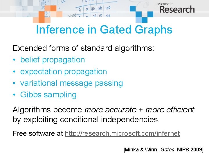 Inference in Gated Graphs Extended forms of standard algorithms: • belief propagation • expectation