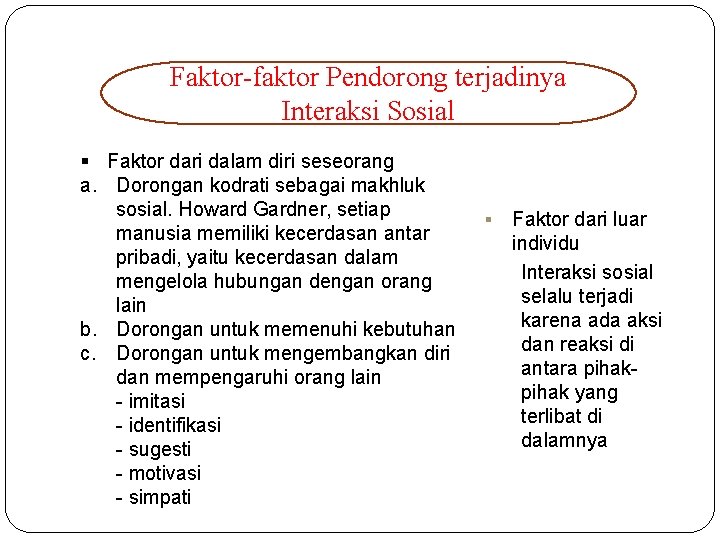 Faktor-faktor Pendorong terjadinya Interaksi Sosial § Faktor dari dalam diri seseorang a. Dorongan kodrati