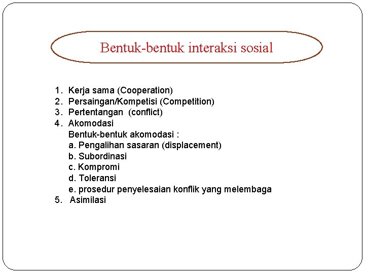 Bentuk-bentuk interaksi sosial 1. 2. 3. 4. Kerja sama (Cooperation) Persaingan/Kompetisi (Competition) Pertentangan (conflict)