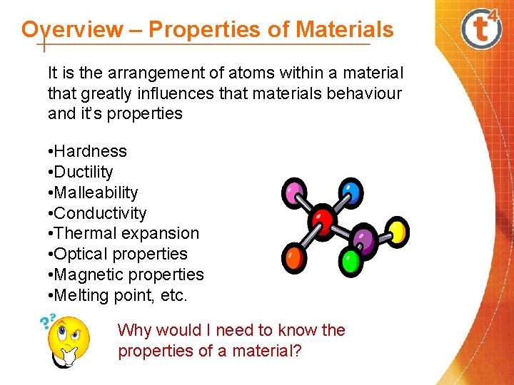 Overview – Properties of Materials It is the arrangement of atoms within a material