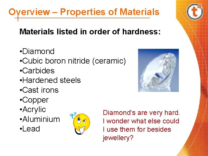 Overview – Properties of Materials listed in order of hardness: • Diamond • Cubic