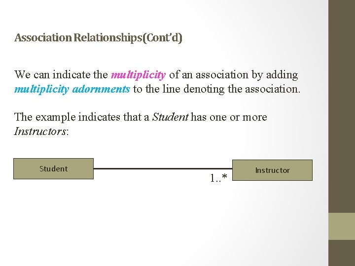 Association Relationships(Cont’d) We can indicate the multiplicity of an association by adding multiplicity adornments