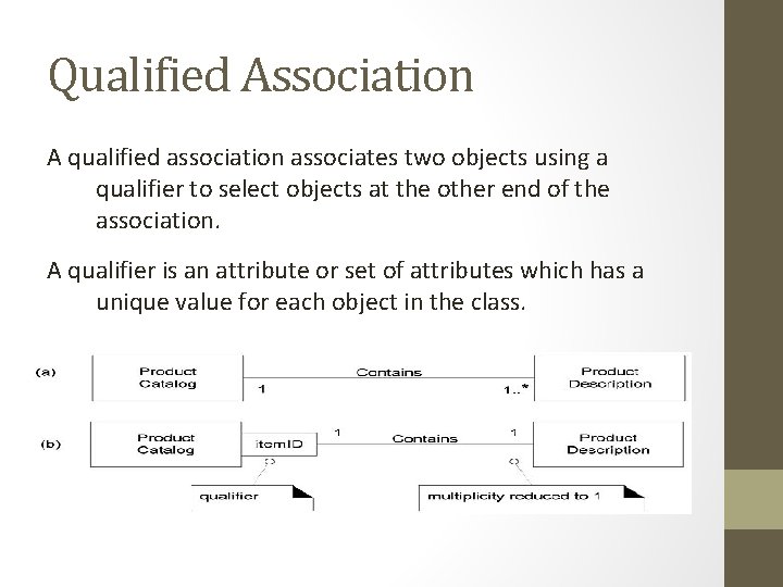 Qualified Association A qualified association associates two objects using a qualifier to select objects