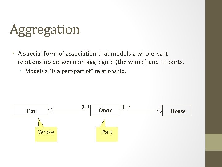 Aggregation • A special form of association that models a whole-part relationship between an