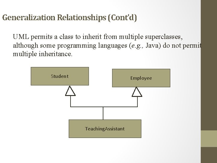 Generalization Relationships (Cont’d) UML permits a class to inherit from multiple superclasses, although some