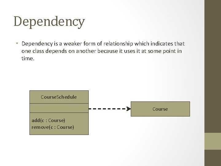 Dependency • Dependency is a weaker form of relationship which indicates that one class