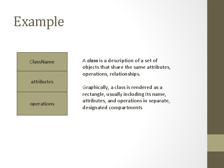 Example Class. Name attributes operations A class is a description of a set of