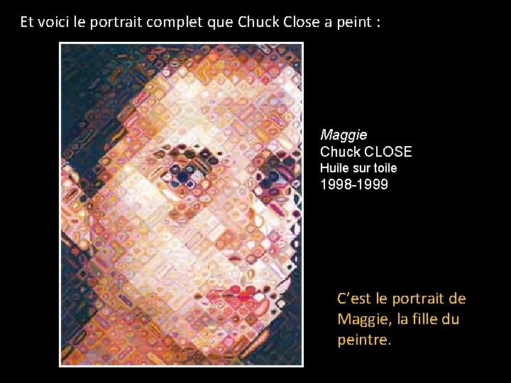 Et voici le portrait complet que Chuck Close a peint : Maggie Chuck CLOSE