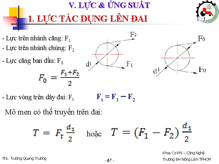 V. LỰC & ỨNG SUẤT 1. LỰC TÁC DỤNG LÊN ĐAI - Lực trên