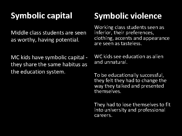 Symbolic capital Symbolic violence Middle class students are seen as worthy, having potential. Working