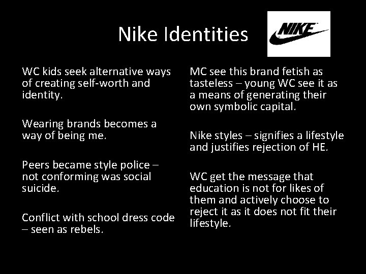 Nike Identities WC kids seek alternative ways of creating self-worth and identity. Wearing brands