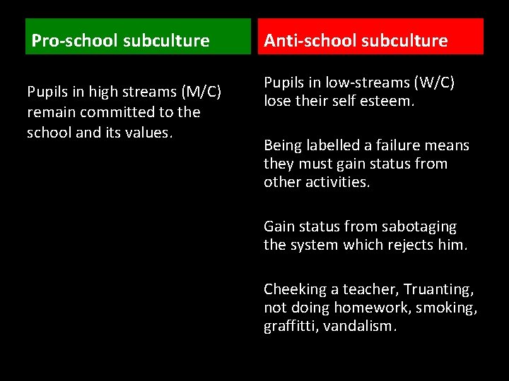 Pro-school subculture Pupils in high streams (M/C) remain committed to the school and its