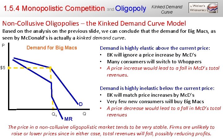 1. 5. 4 Monopolistic Competition and Oligopoly Kinked Demand Curve Non-Collusive Oligopolies – the