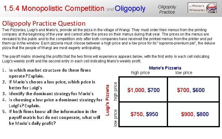 1. 5. 4 Monopolistic Competition and Oligopoly Practice Question Two Pizzerias, Luigi's and Mario's,