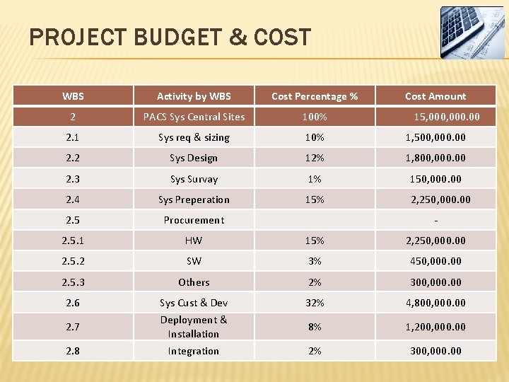 PROJECT BUDGET & COST WBS Activity by WBS Cost Percentage % Cost Amount 2