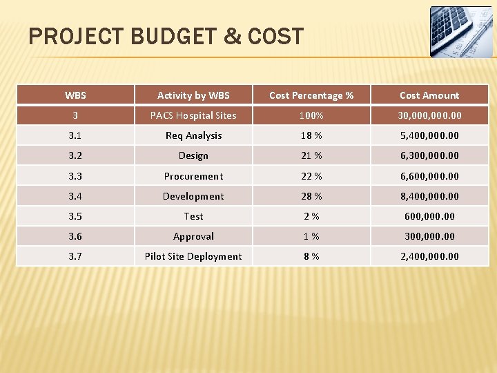 PROJECT BUDGET & COST WBS Activity by WBS Cost Percentage % Cost Amount 3