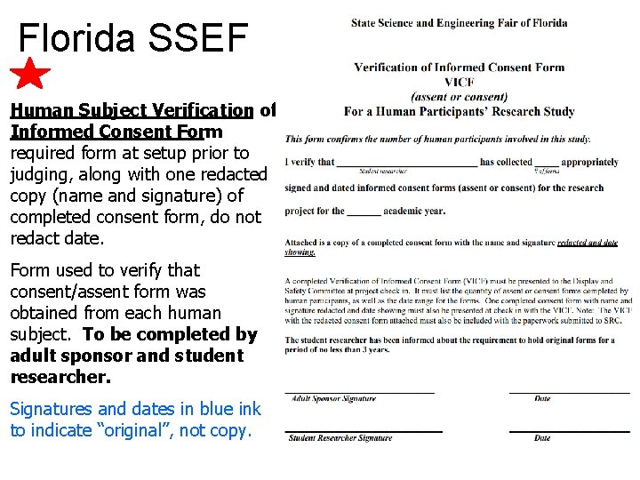 Florida SSEF Human Subject Verification of Informed Consent Form : required form at setup